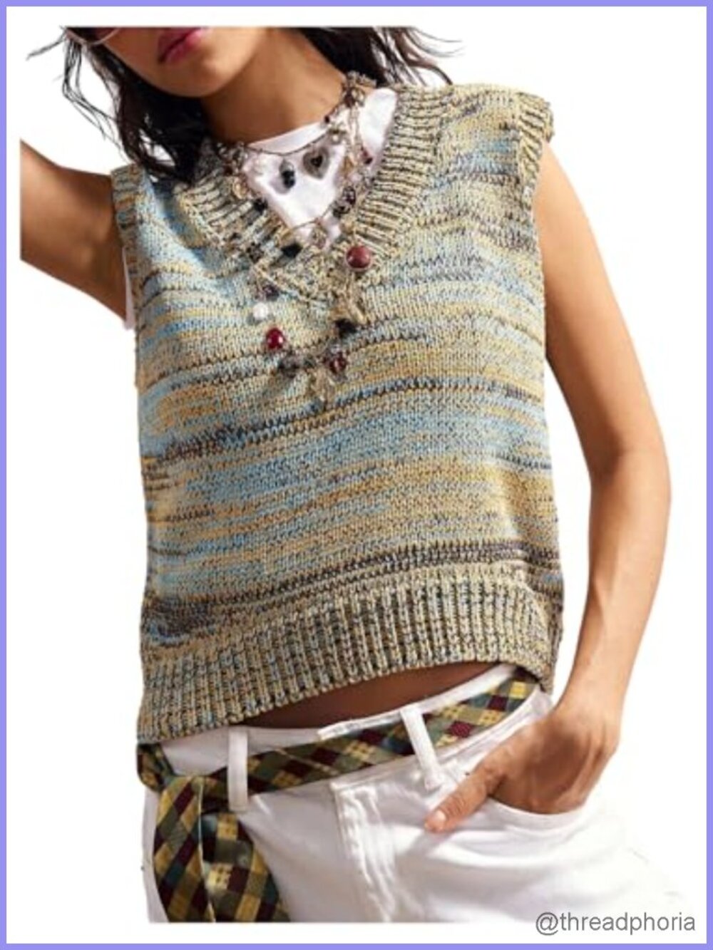 Vintage Striped Sleeveless Knit Sweater Vest V-Neck